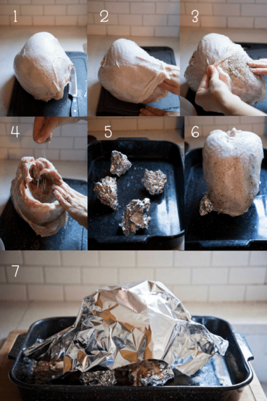sprinkle salt and sage on the skin and under the skin of the roasted turkey breast. Place it on foil balls or a baking rack and then into the fridge uncovered for up to 24 hours before baking. Allow to rest on the counter for 15 minutes, covered with foil before slicing. 