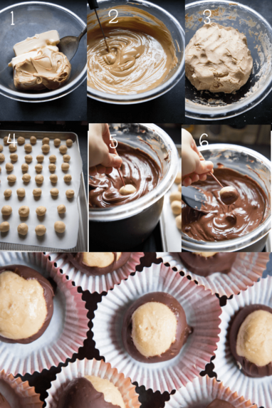 To make buckeye balls, mix butter and peanut butter until smooth (step 1), then add powdered sugar until you have a stiff dough (step 3, roll balls and chill (step 4) and dip in melted chocolate (step 5). Store covered in the fridge for up to one week. 
