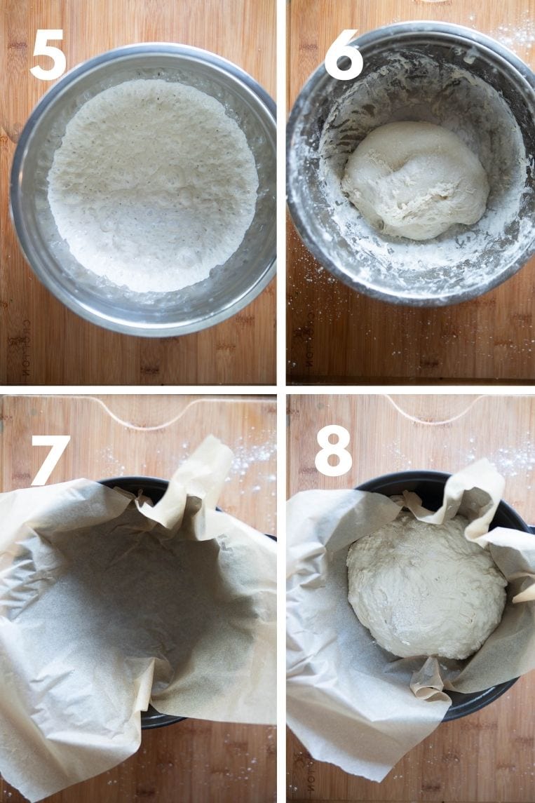 Four pictures of the next four steps for Dutch oven bread. An image of the bread after rising, an image of the dough once it was stirred down, an empty Dutch oven with parchment paper inside, and the dough inside the Dutch oven before baking.  