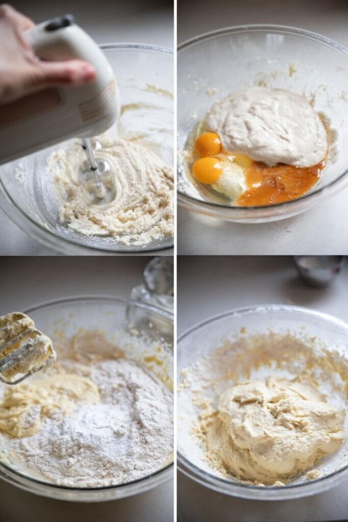 four images of mixing the donut batter