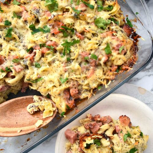 casserole on a plate and in baking dish