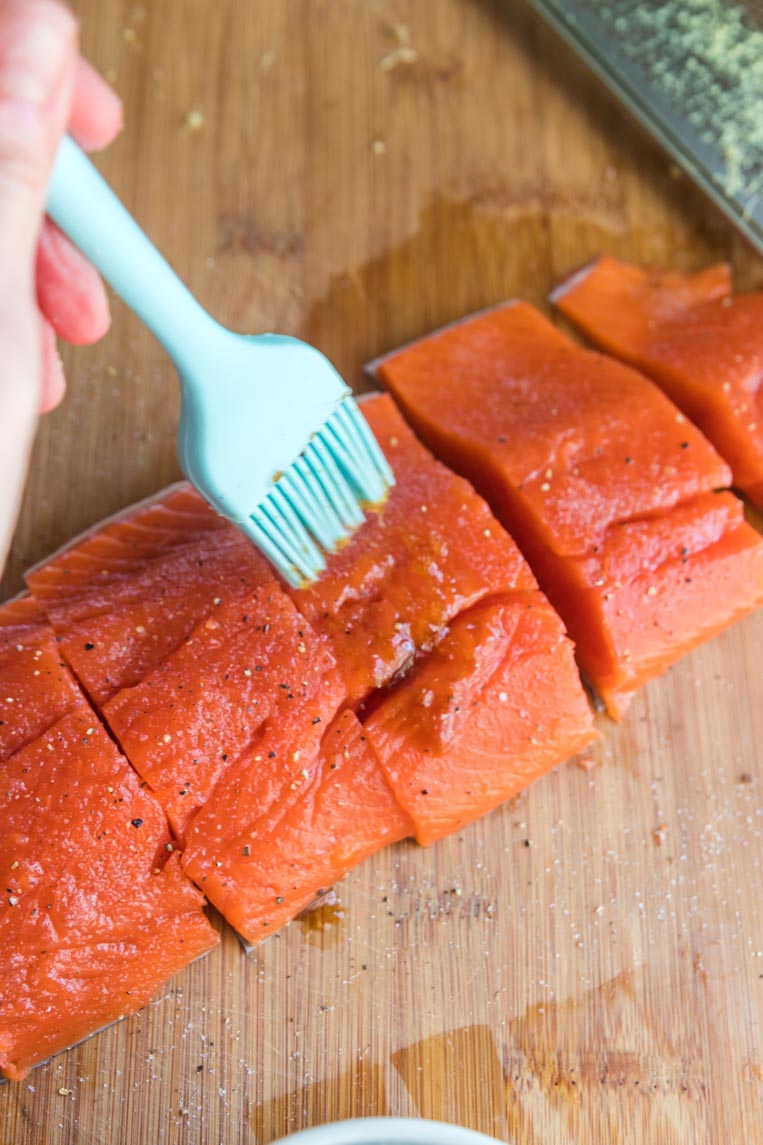 salmon filet cut into even pieces 