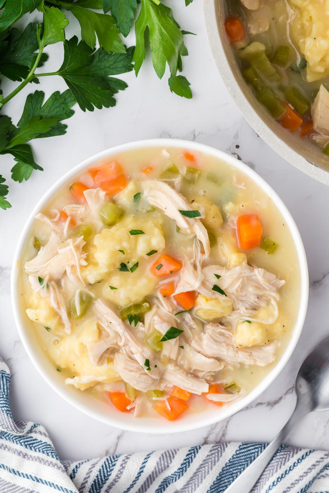 a bowl of easy southern chicken and dumplings on a table with parsley 