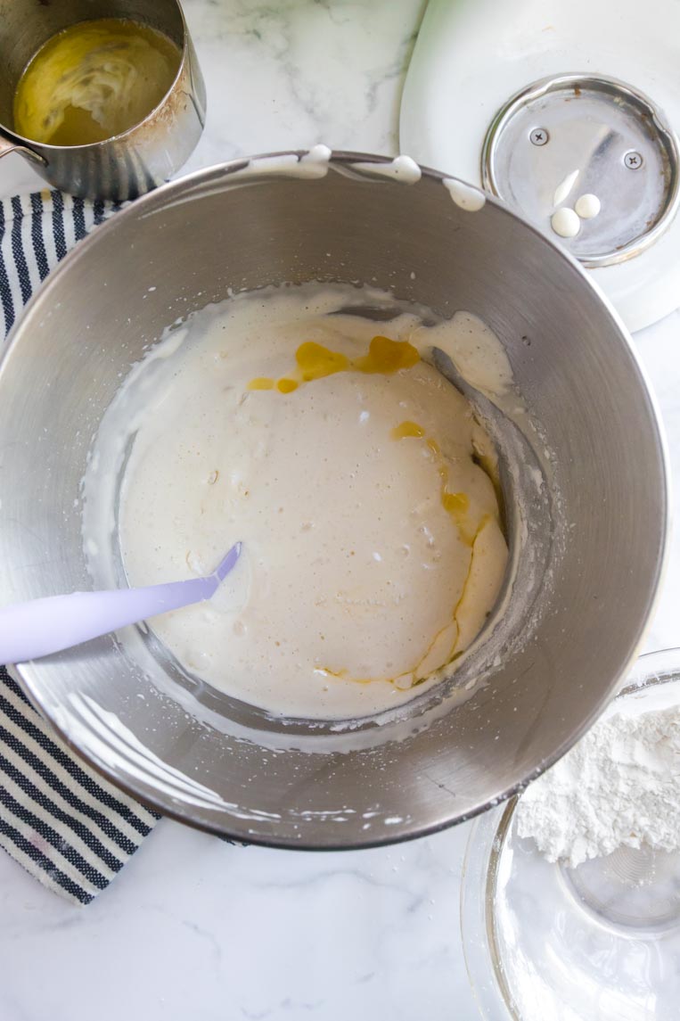 butter around the edge of the batter in a mixing bowl 