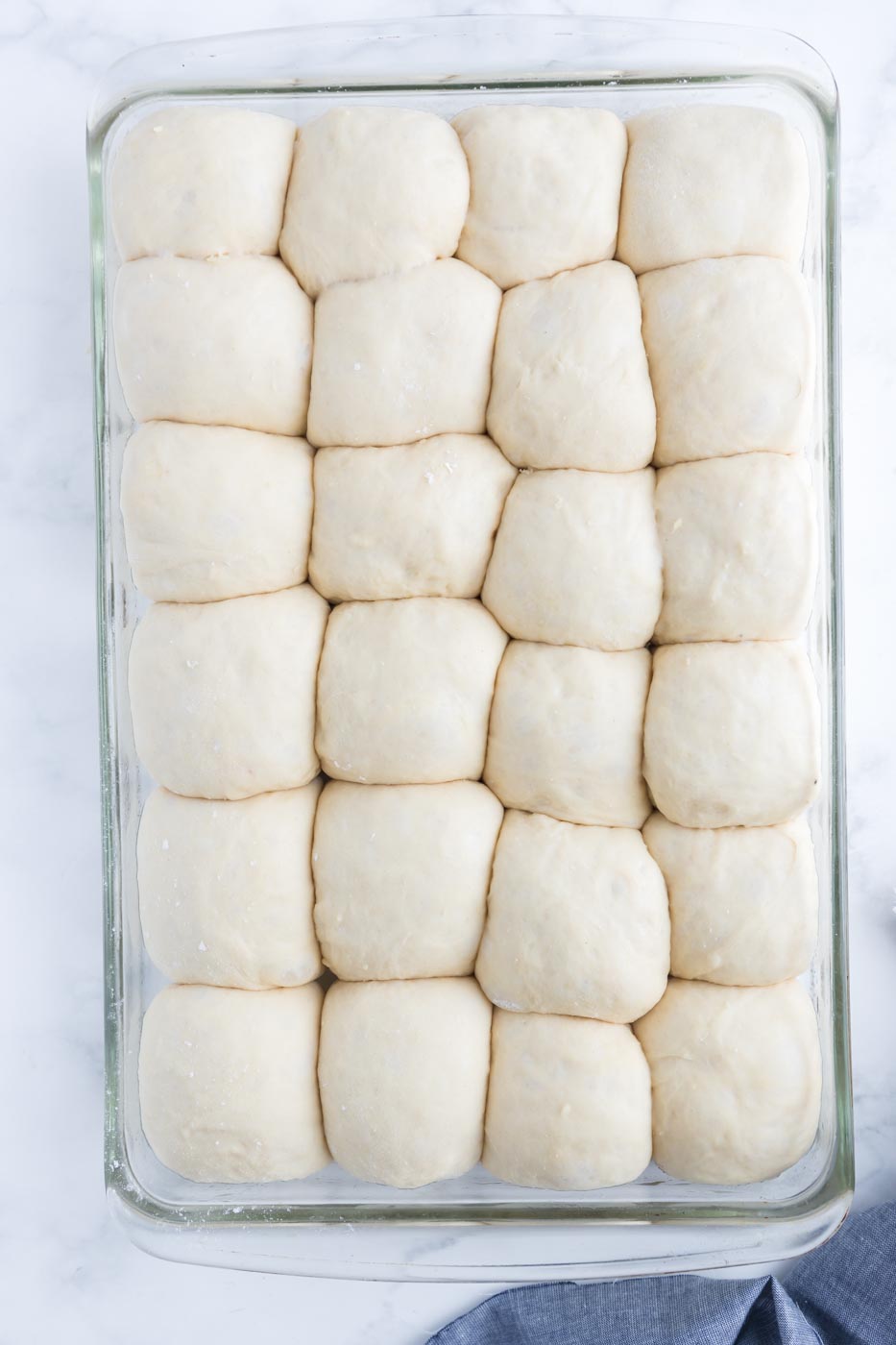 a pan of risen dinner rolls ready for baking