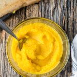 Overhead image of homemade pumpkin puree in a mixing bowl.