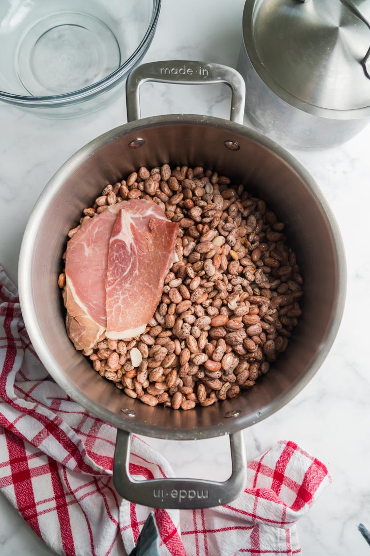 a big pot of pinto beans with country ham before adding water to cook