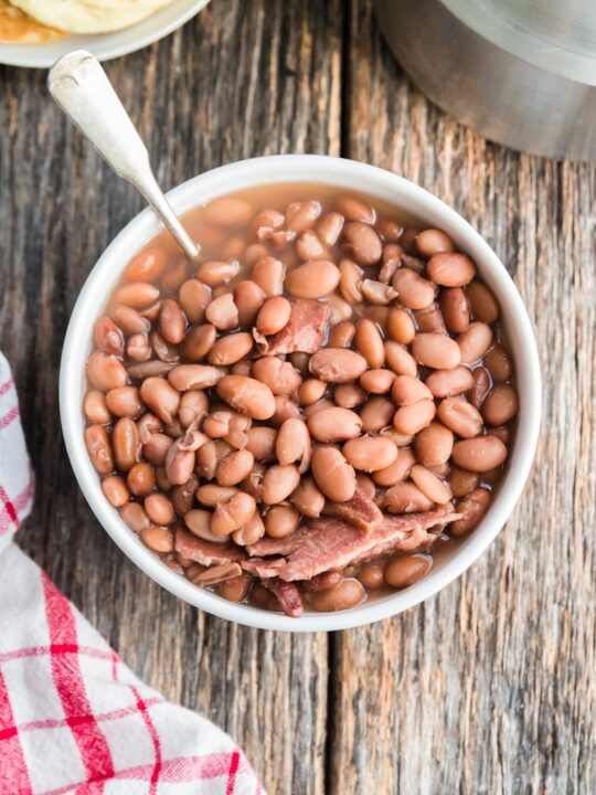 a bowl of pinto beans with a spoon