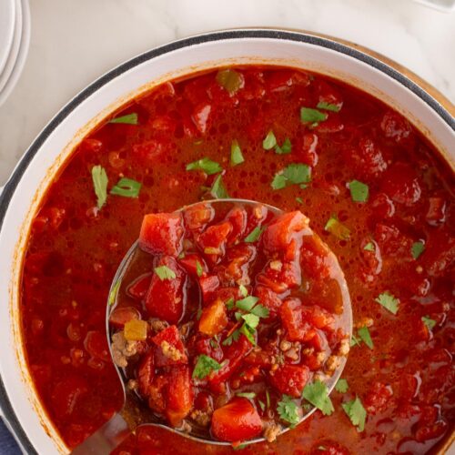 a big pot of 5 ingredient taco soup with a ladle of soup held above the pot