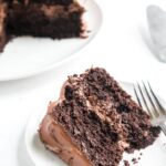 a slice of gluten free chocolate cake on a plate with a fork