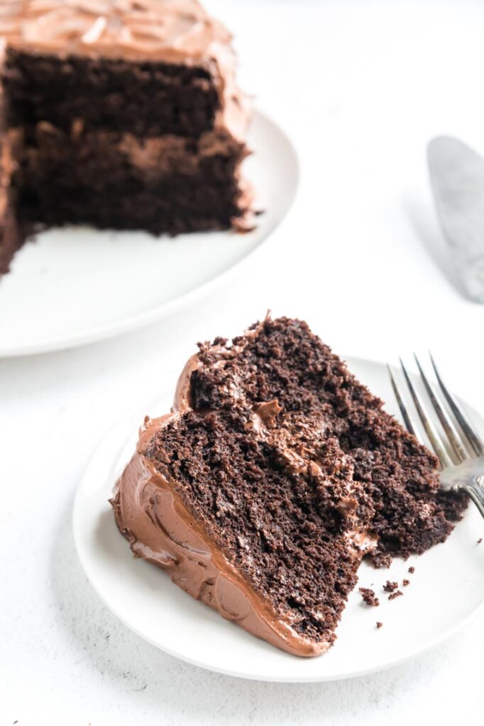a slice of gluten free chocolate cake on a plate with a fork