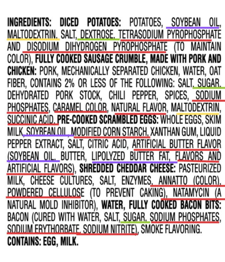 a list of ingredients from Jimmy Deans meat breakfast bowls 