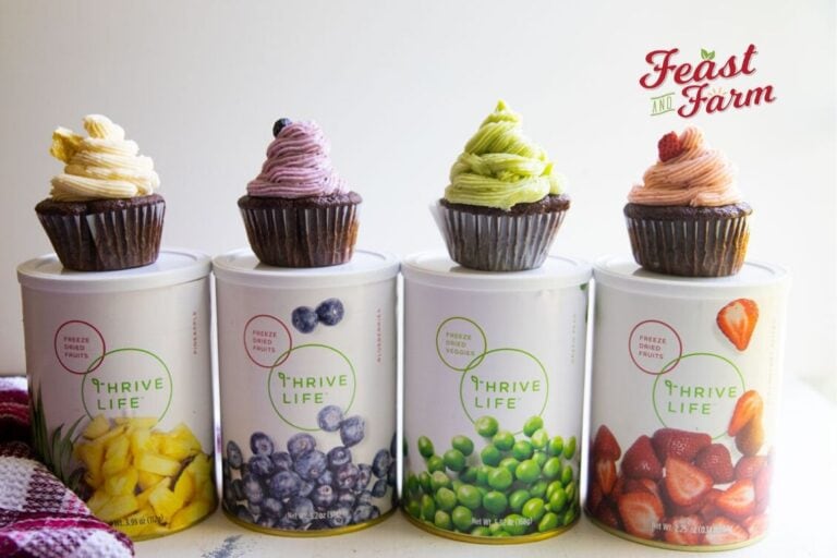 four cupcakes stacked on four containers of Thrive freeze dried fruits and vegetables 