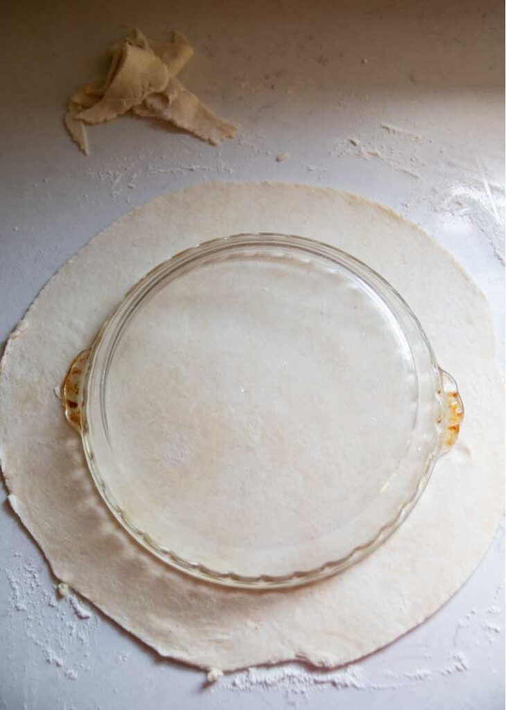 a circle of pie dough on a counter with a pie plate on top