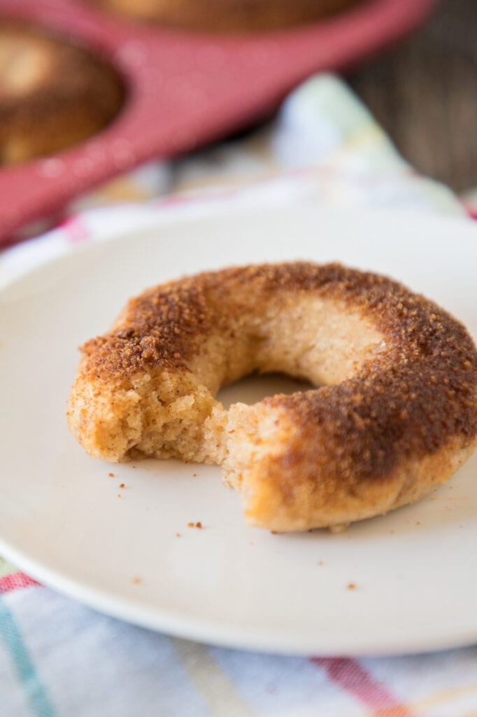 an apple cider donut on a plate with a bite out of it