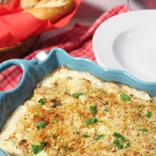 casserole in baking dish with wine