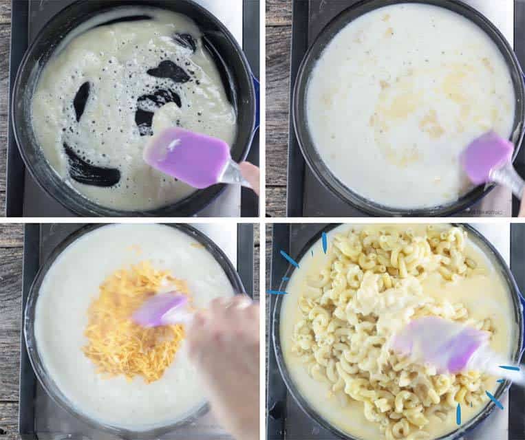 four steps to making baked macaroni and cheese, first melt the butter and add the flour, second add the milk and stir constantly until thick, third add cheese and finally add pasta and toss to coat.