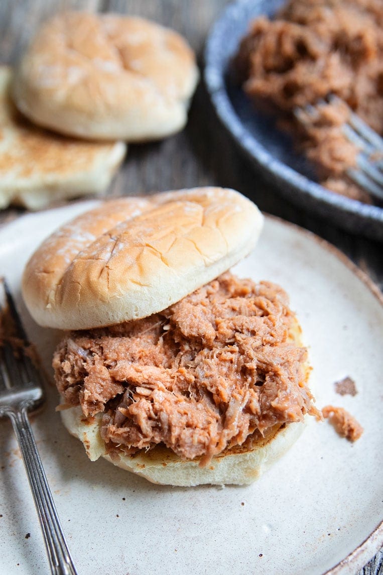 a plate of bbq pulled pork on a bun