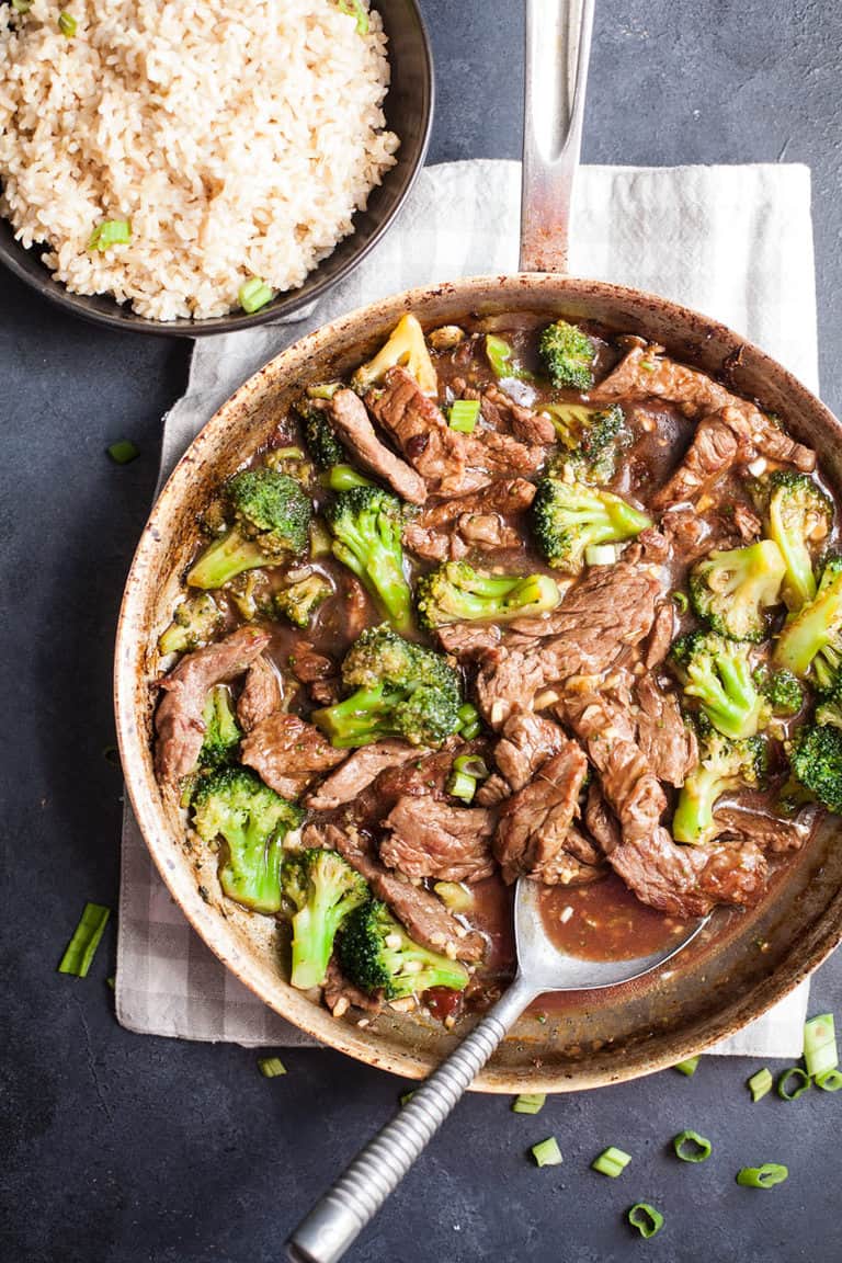 A skillet of 15 minute broccoli beef stir fry is an easy dinner.