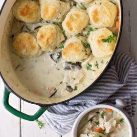 One pan, ultra cozy creamy chicken and soft biscuits you can enjoy any night of the week. Make ahead friendly too!