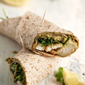 Light and healthy chicken pesto wraps are FAST and bring balance to those days when you had 3 donuts and a Mountain Dew.