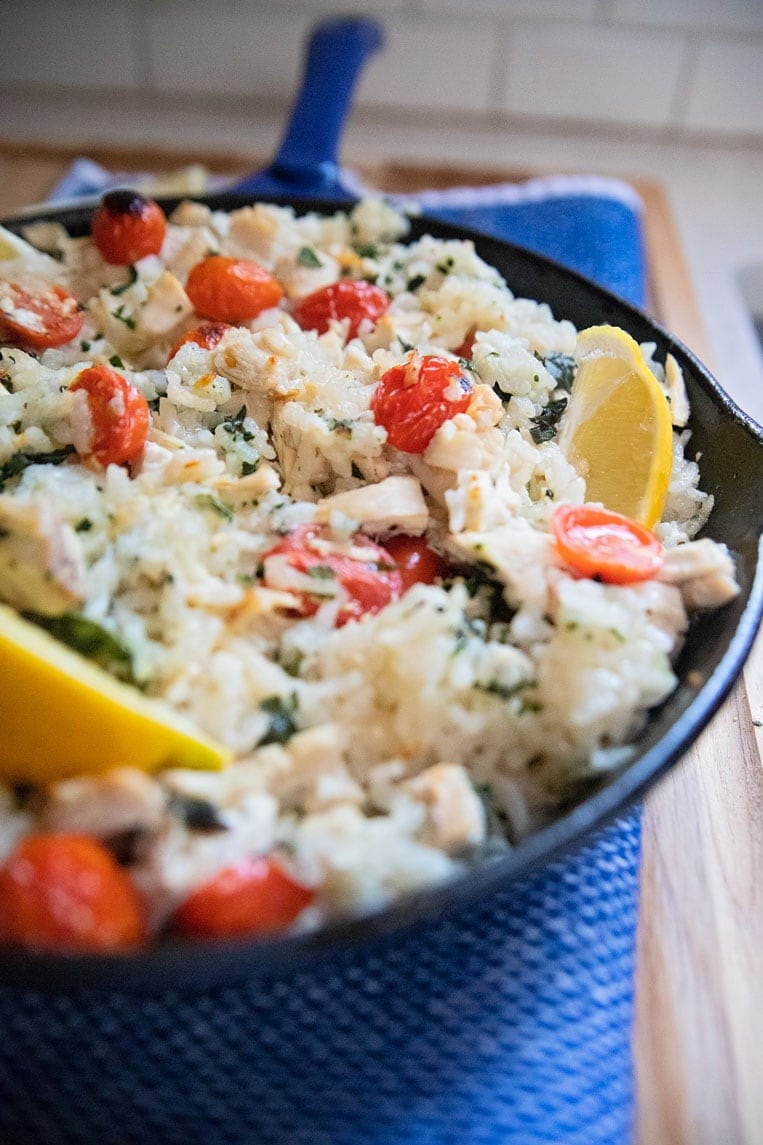 a skillet of finished oven chicken risotto 