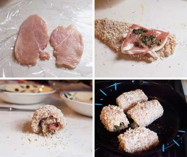 How to make chicken rollatini: (Image 1) flatten the chicken breasts (Image 2) add the prosciutto, provolone and basil, (Image 3) roll up (Image 4) spray lightly with oil and bake until golden brown