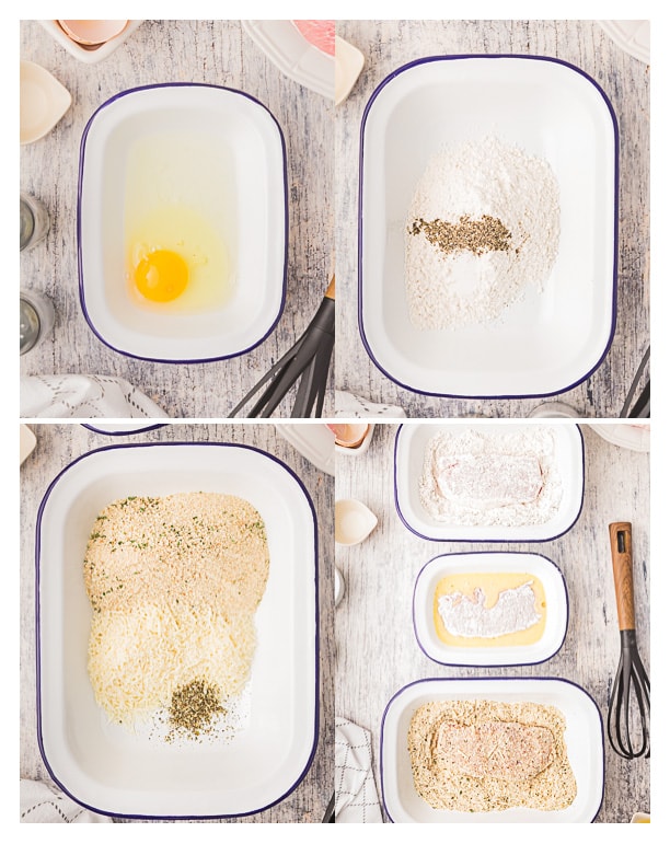 4 bowls for breading pork chops. one with egg, one with flour and seasonings, one with bread crumbs and one showing the breading process