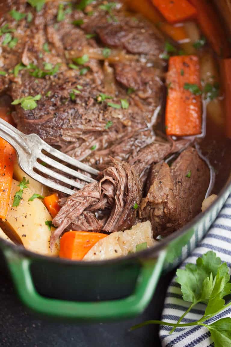 Dutch Oven Pot Roast With Carrots And Potatoes Feast And Farm