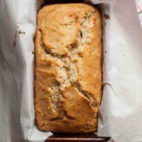 This easy gluten free banana bread is baked in a small loaf tin until golden on the outside and tender inside