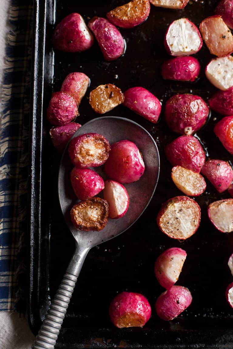 These easy roasted radishes are a nice change from cauliflower or potatoes and don't taste like you might expect!