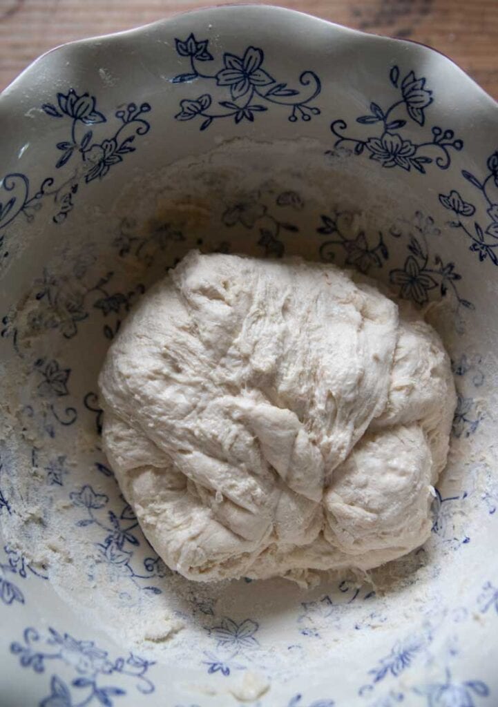 a bowl of dough after allowing to rest and soak up the water 