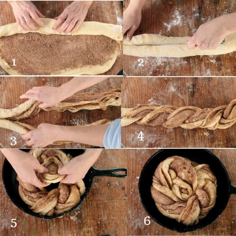 roll up your twisted giant cinnamon roll dough, cut it down the center, twist it, and arrange in your pan