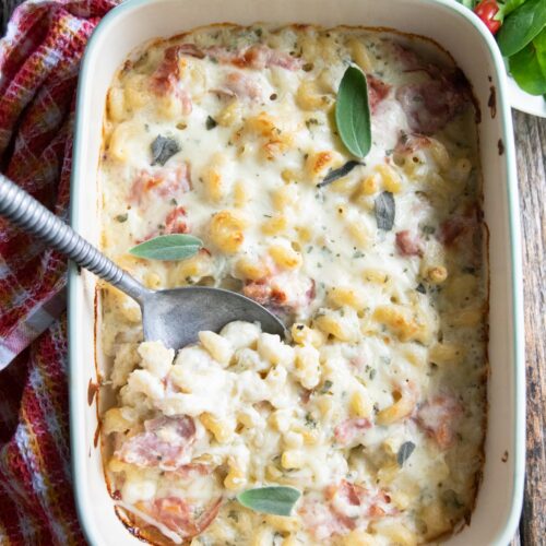 cheesy ham casserole in a dish on a table with a spoon