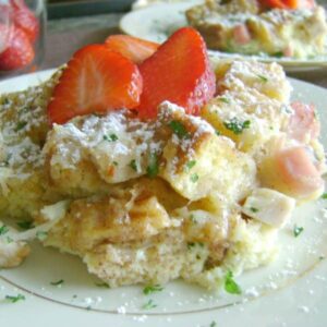 casserole on a plate with strawberries