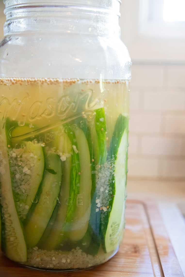 large jar of pickle slices in brine on a counter