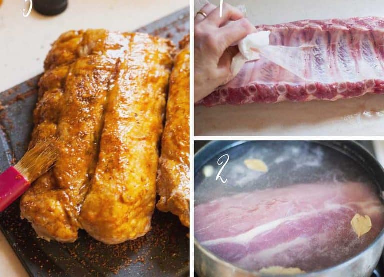 3 steps to preparing baby back ribs, glazing baby back ribs, ribs in a pot, and removing the tissue from the ribs 
