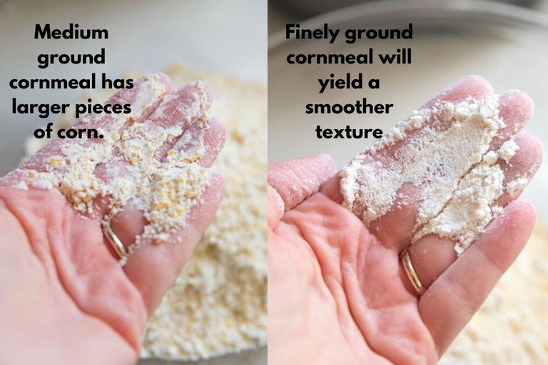 a split image of medium ground cornmeal on the left and finely ground on the right