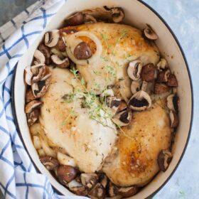 a pot of chicken and mushrooms in an oval dutch oven