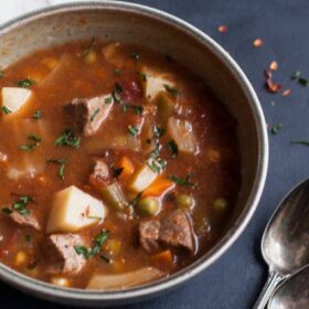 Bring the flavor of slow cooked goodness to your kitchen with this vegetable beef soup.